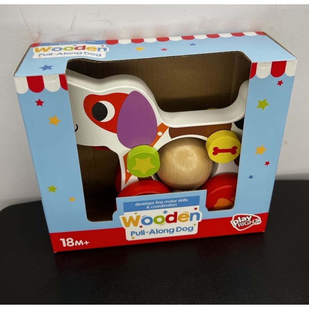 Play Right Wooden Pull Along Dog Toy 4in Toddler‎ 18M+ NEW Colorful